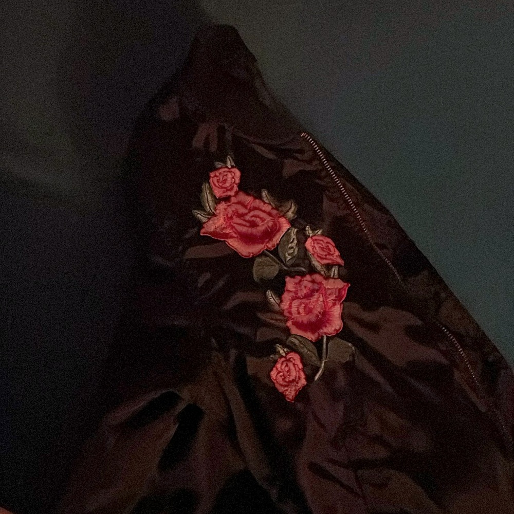 Love Tree Black Satin Bomber Jacket With Rose Appliqué Sz M